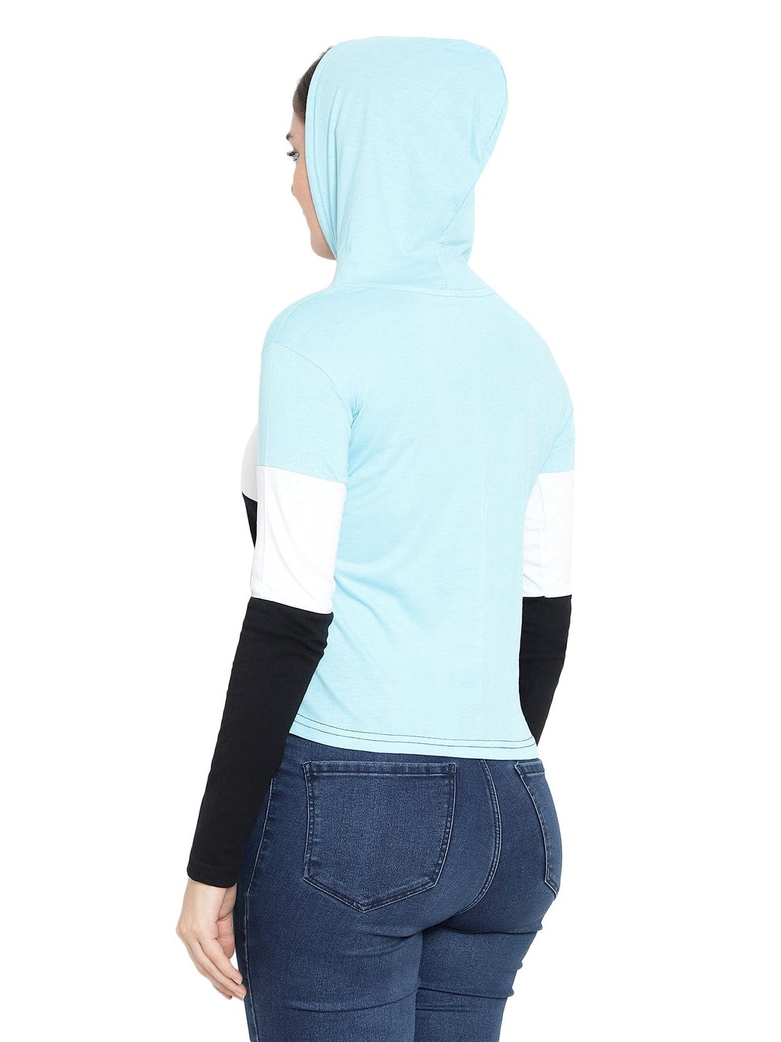 Women's Full-Sleeve Hoodie T-Shirt – Sky Blue Cotton Color Block Solid Tee