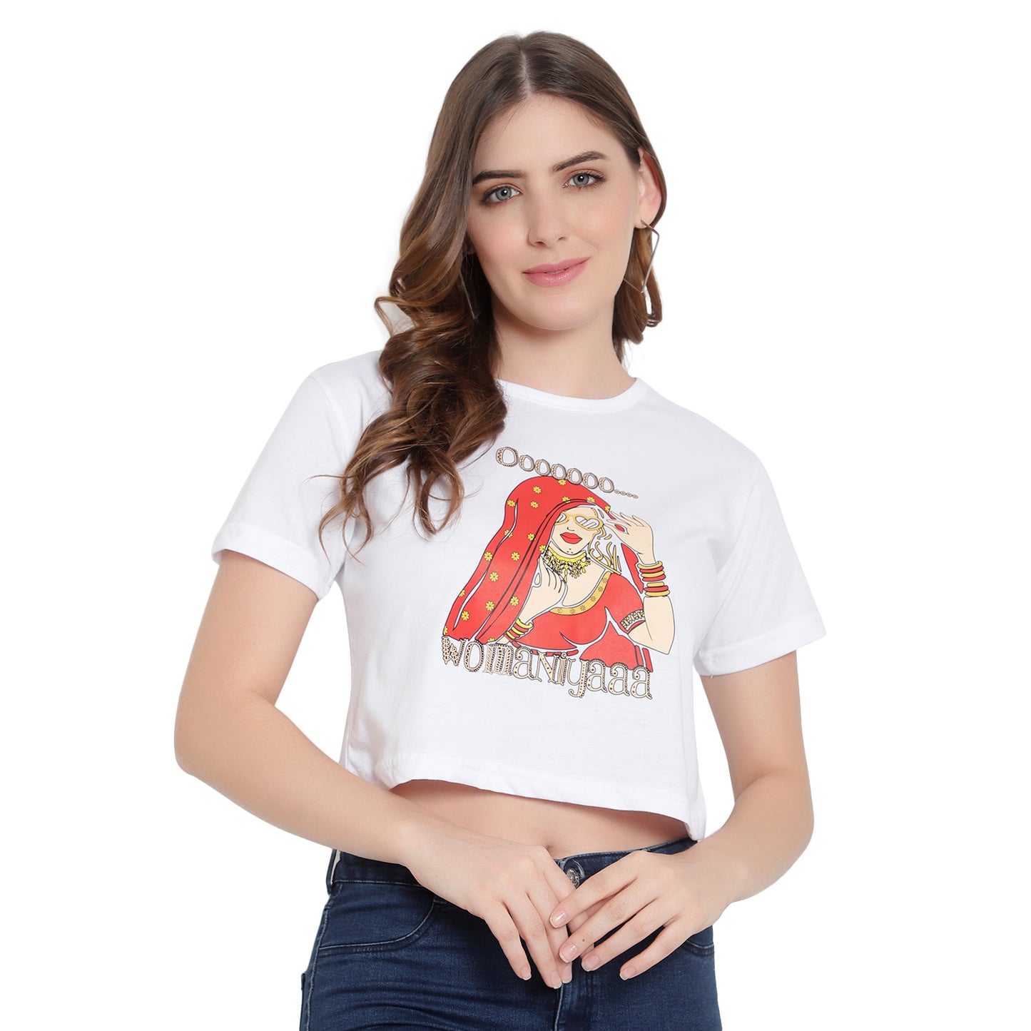 Women's Black Printed Crop Top – Half Sleeves Cotton T-Shirt