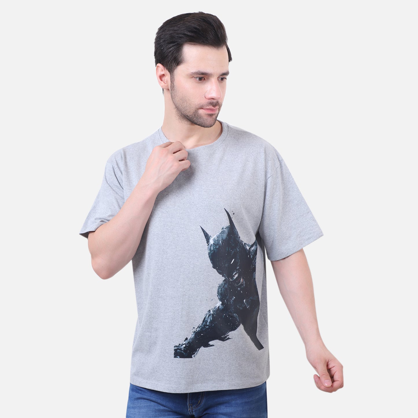 Dark Knight Rage Graphic T-Shirt – Grey Cotton Unisex Batman-Inspired Tee