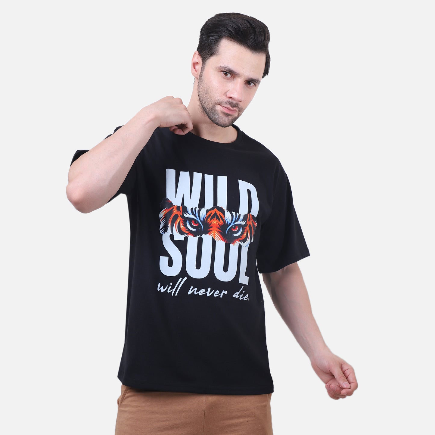 Wild Soul Graphic T-Shirt – Black Tiger Eyes Print Tee for Men