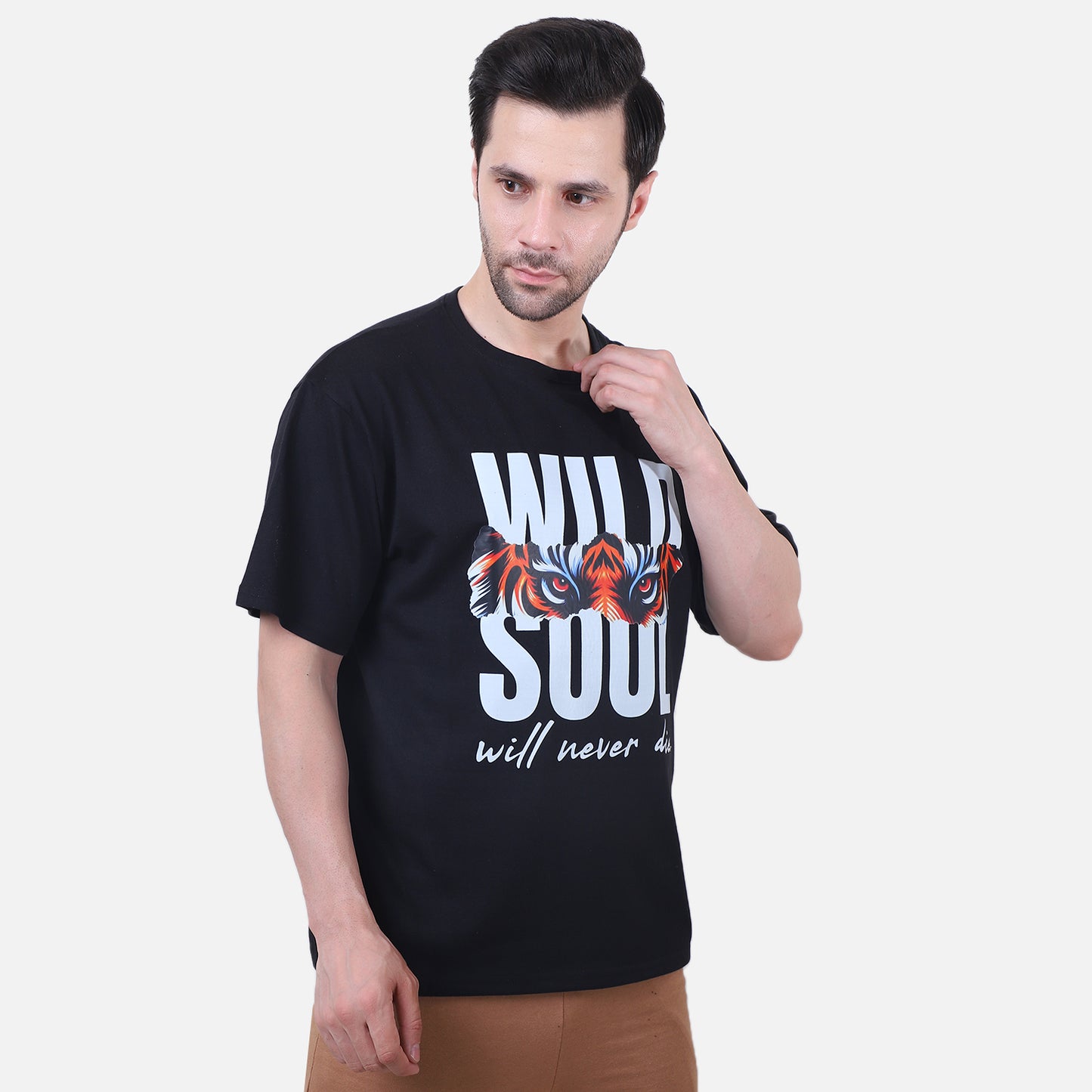 Wild Soul Graphic T-Shirt – Black Tiger Eyes Print Tee for Men
