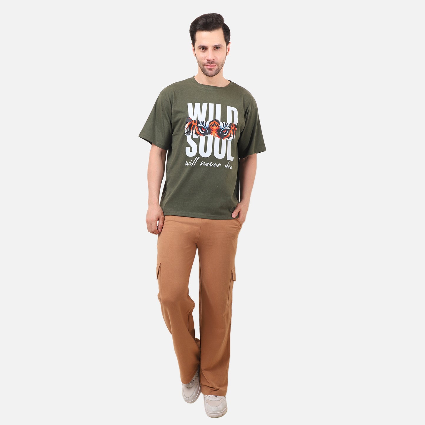 Wild Soul Tiger Eyes Graphic T-Shirt – Olive Green | Unisex Cotton Tee for Fearless Style
