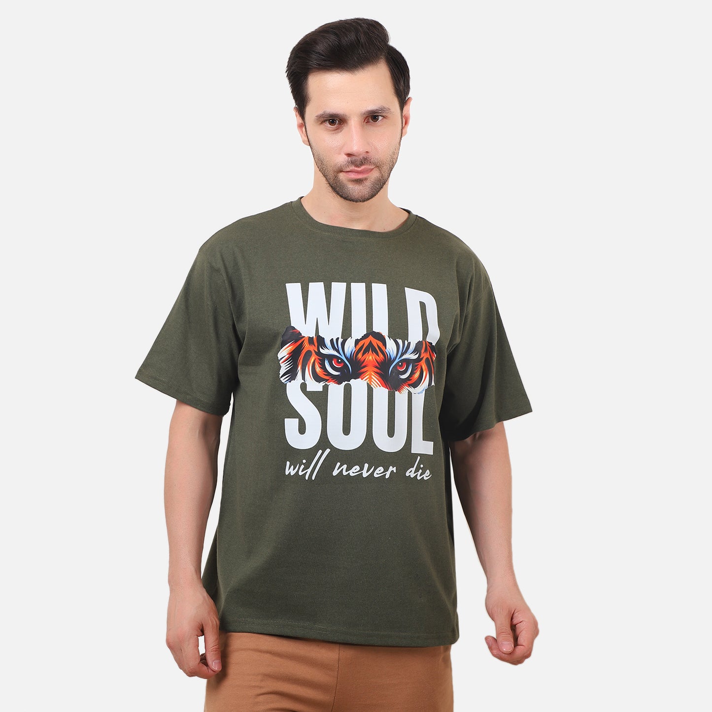 Wild Soul Tiger Eyes Graphic T-Shirt – Olive Green | Unisex Cotton Tee for Fearless Style