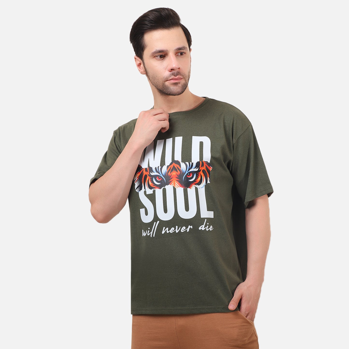 Wild Soul Tiger Eyes Graphic T-Shirt – Olive Green | Unisex Cotton Tee for Fearless Style
