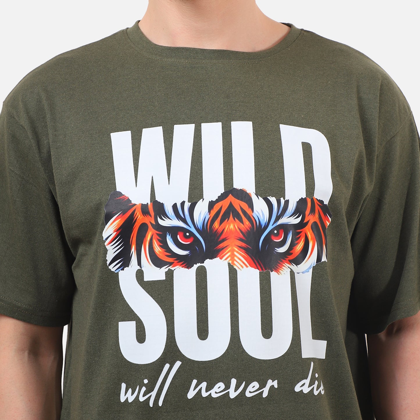 Wild Soul Tiger Eyes Graphic T-Shirt – Olive Green | Unisex Cotton Tee for Fearless Style