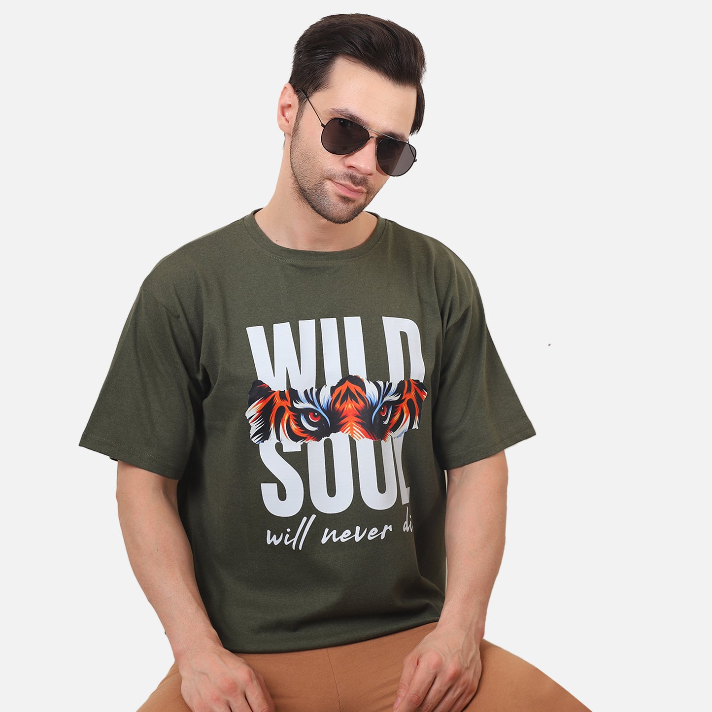 Wild Soul Tiger Eyes Graphic T-Shirt – Olive Green | Unisex Cotton Tee for Fearless Style