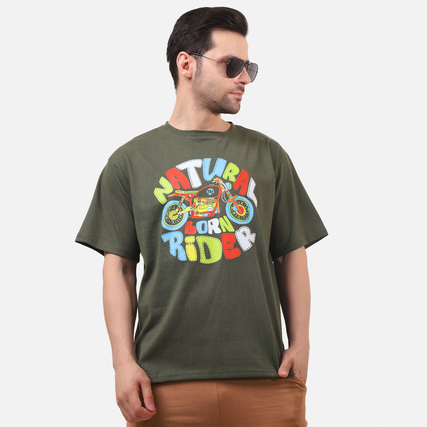 Natural Born Rider T-Shirt – Olive Green Biker Graphic Tee for Men