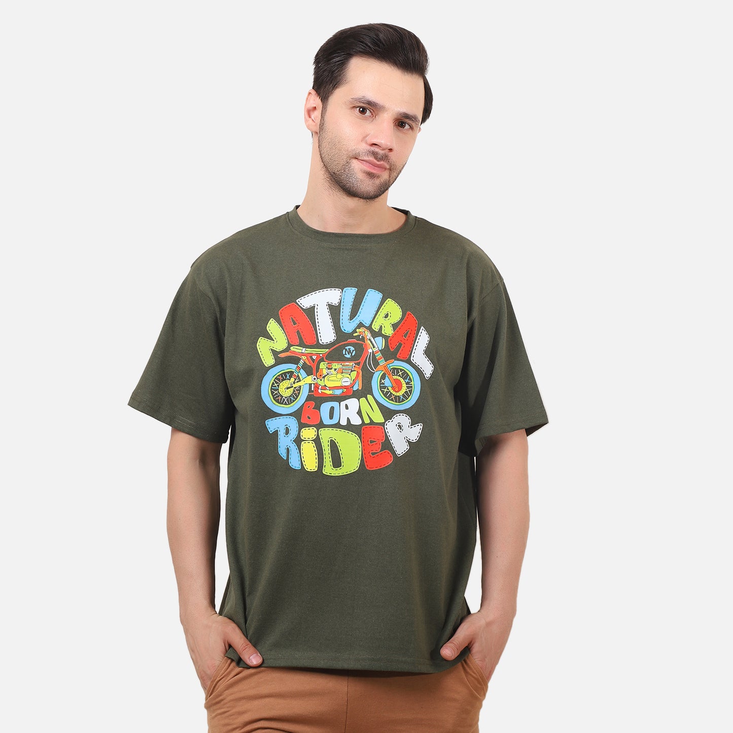 Natural Born Rider T-Shirt – Olive Green Biker Graphic Tee for Men