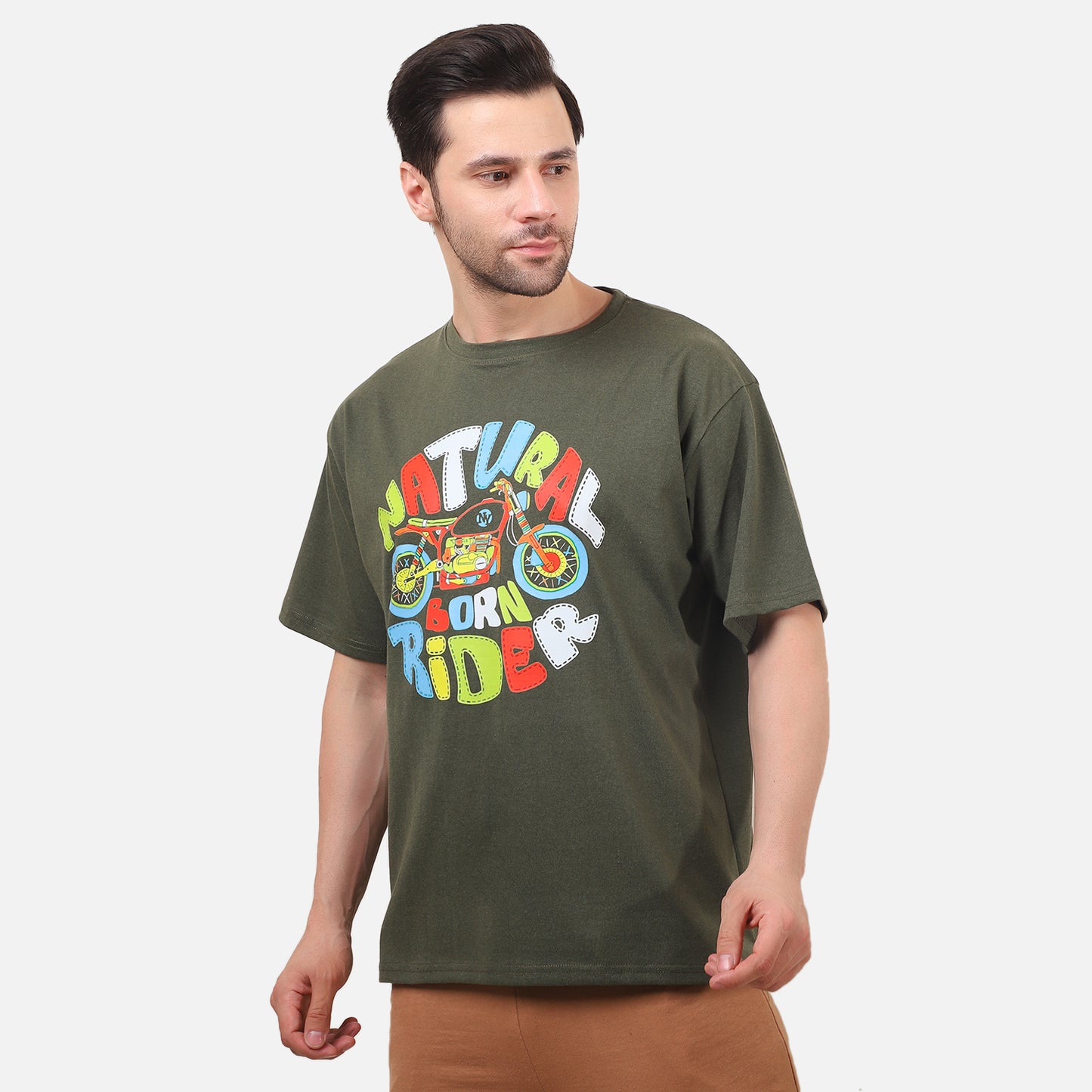 Natural Born Rider T-Shirt – Olive Green Biker Graphic Tee for Men