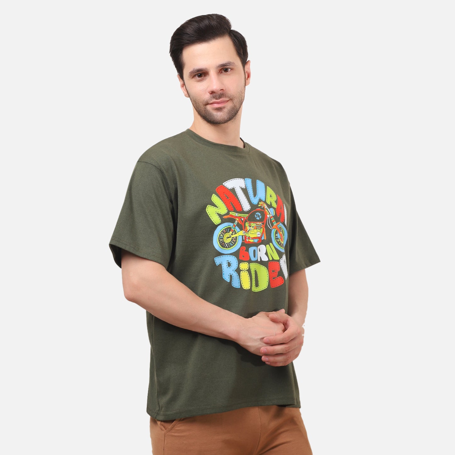 Natural Born Rider T-Shirt – Olive Green Biker Graphic Tee for Men