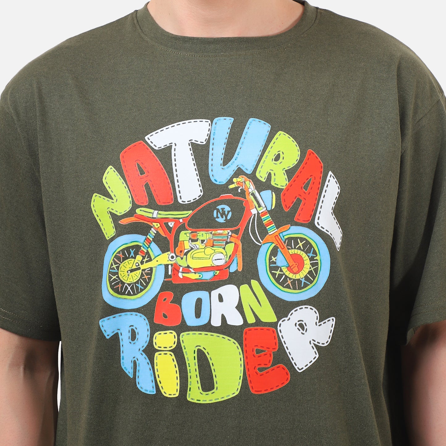 Natural Born Rider T-Shirt – Olive Green Biker Graphic Tee for Men