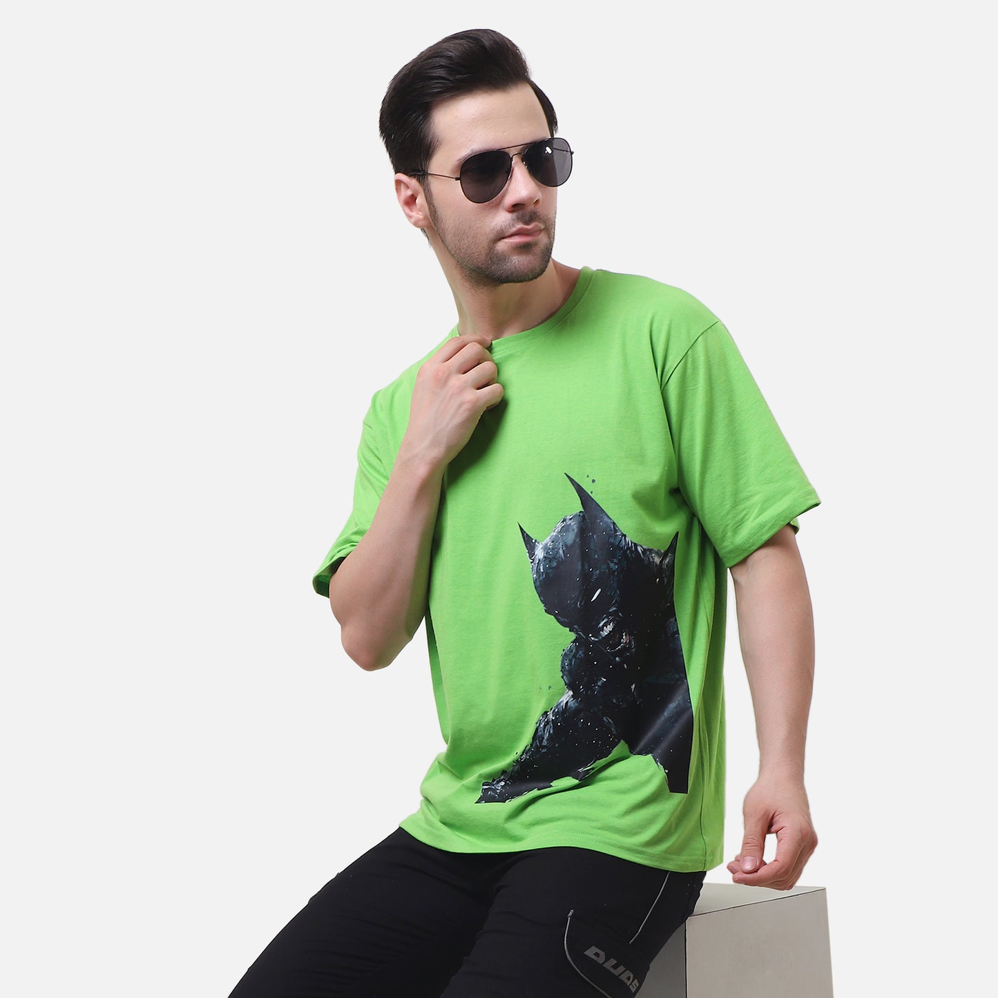 Shadow Vigilante Graphic T-Shirt – Neon Green Superhero Tee for Men