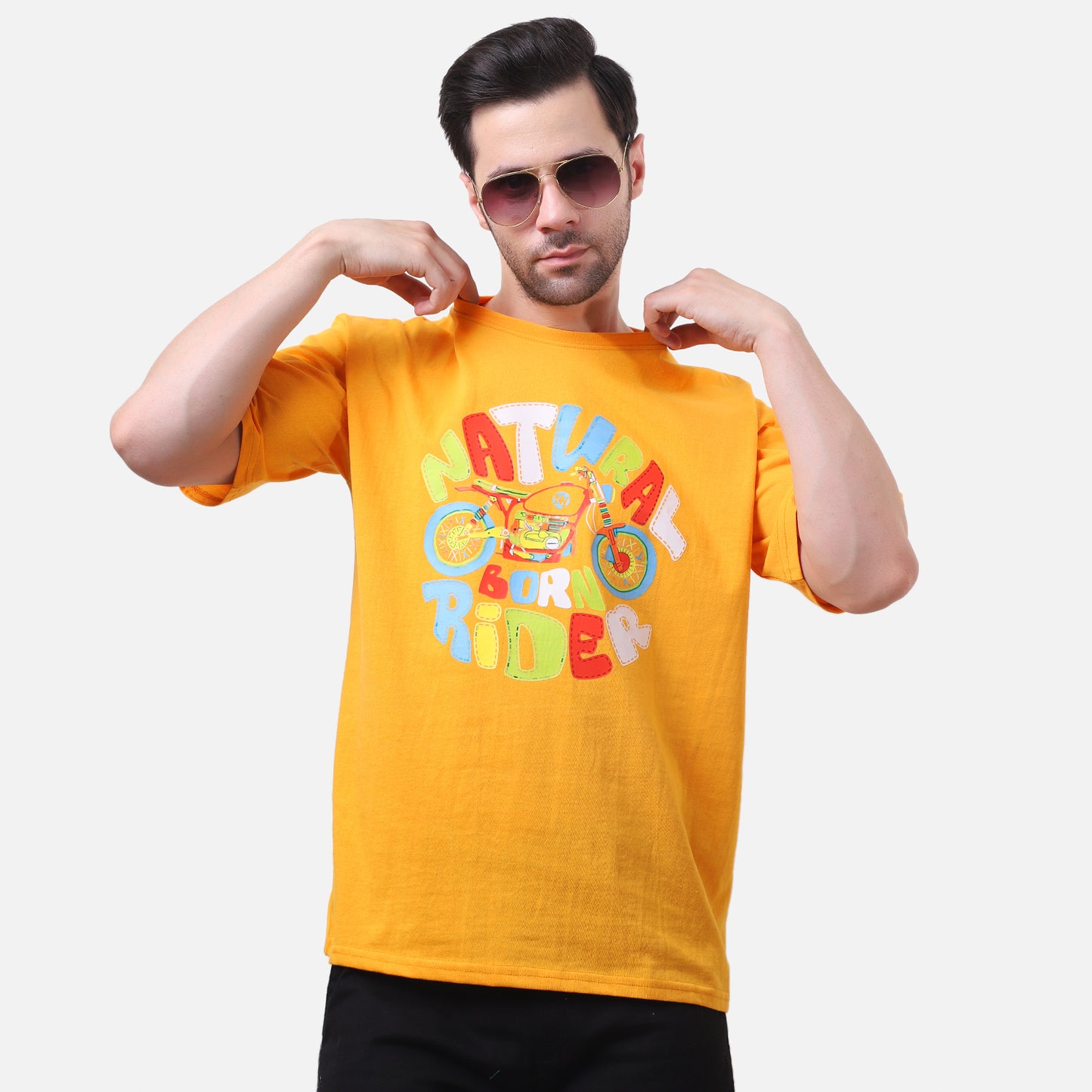 Natural Born Rider Graphic T-Shirt – Vibrant Yellow Cotton Tee for Men