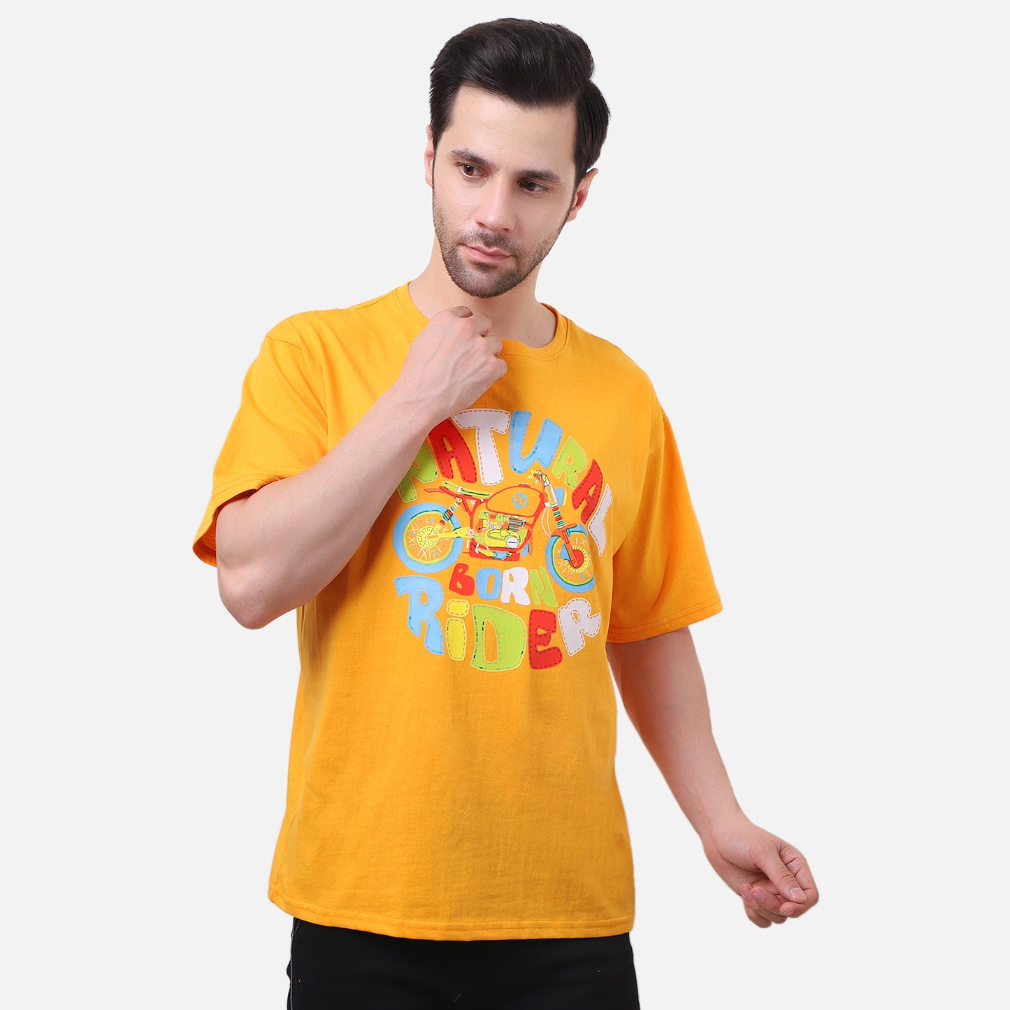 Natural Born Rider Graphic T-Shirt – Vibrant Yellow Cotton Tee for Men