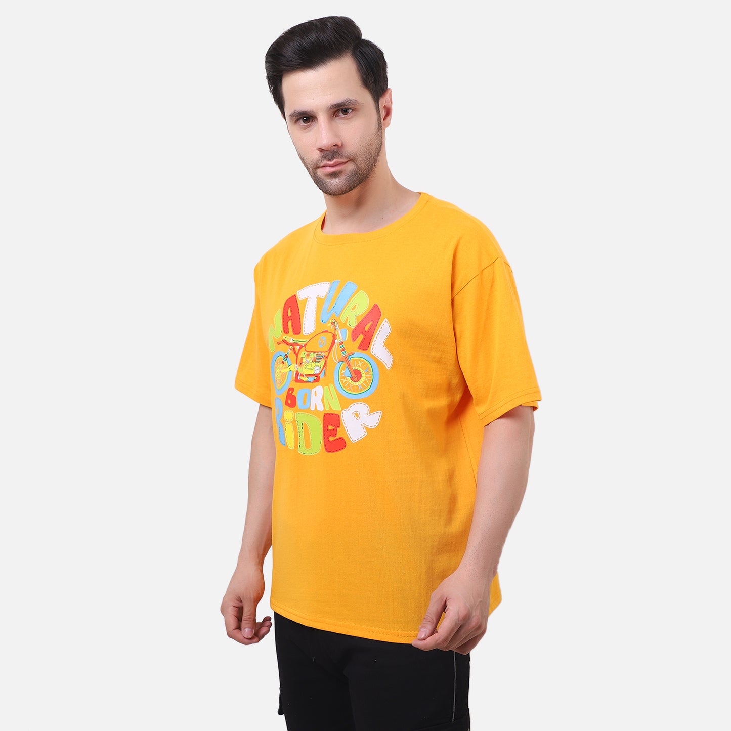 Natural Born Rider Graphic T-Shirt – Vibrant Yellow Cotton Tee for Men