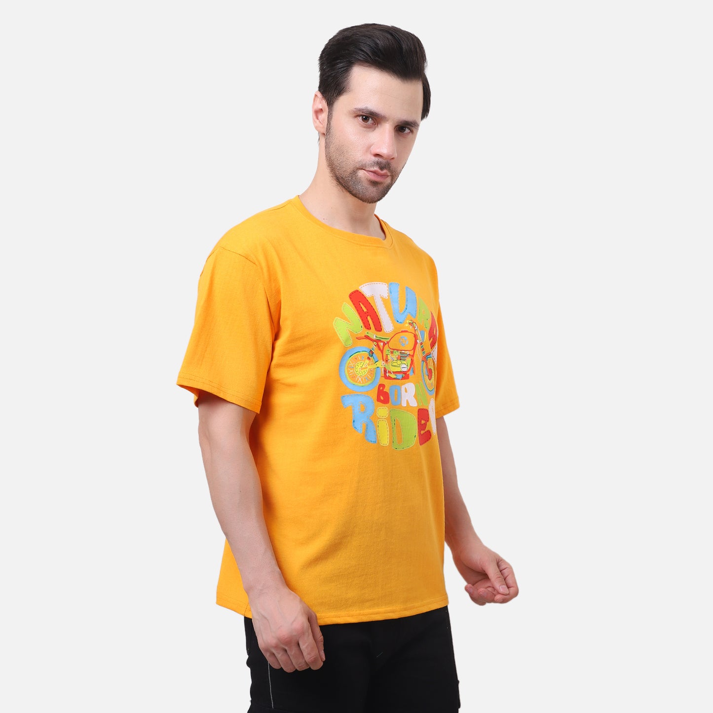 Natural Born Rider Graphic T-Shirt – Vibrant Yellow Cotton Tee for Men