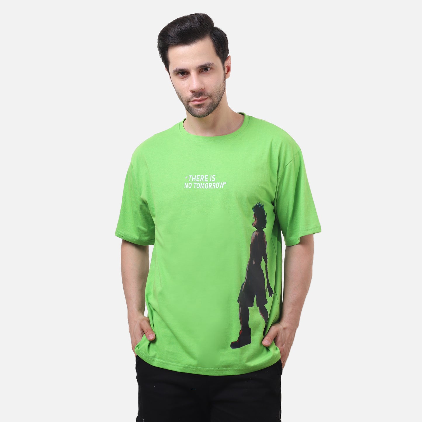 Heroic Silhouette Graphic T-Shirt – Neon Green Anime Tee for Men