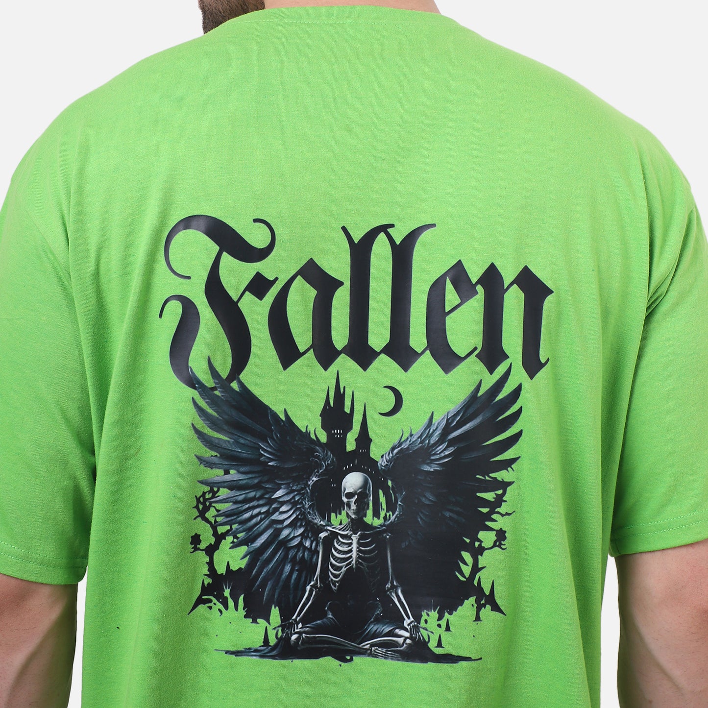 Fallen Angel Skeleton Graphic T-Shirt – Neon Green Gothic Streetwear for Men