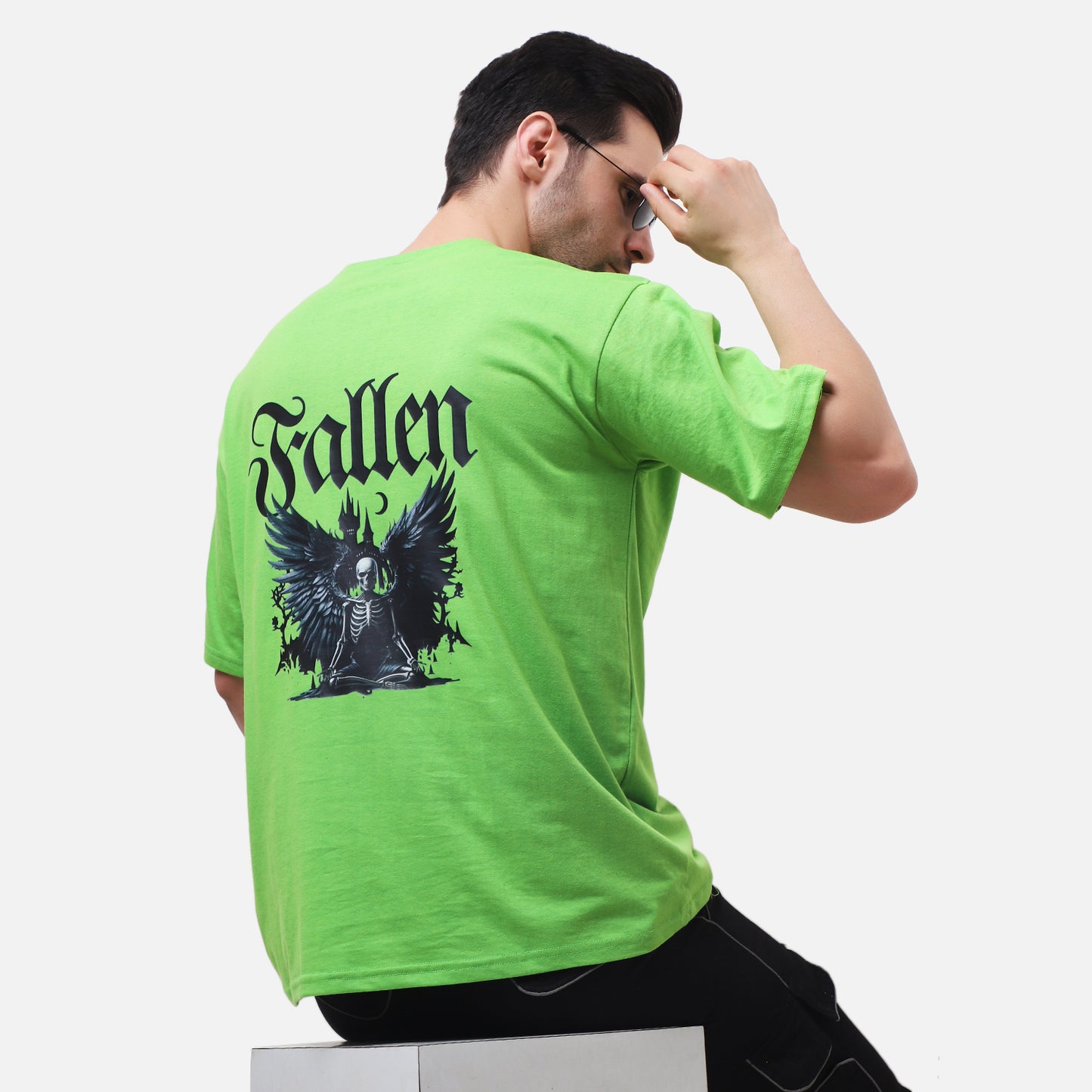 Fallen Angel Skeleton Graphic T-Shirt – Neon Green Gothic Streetwear for Men