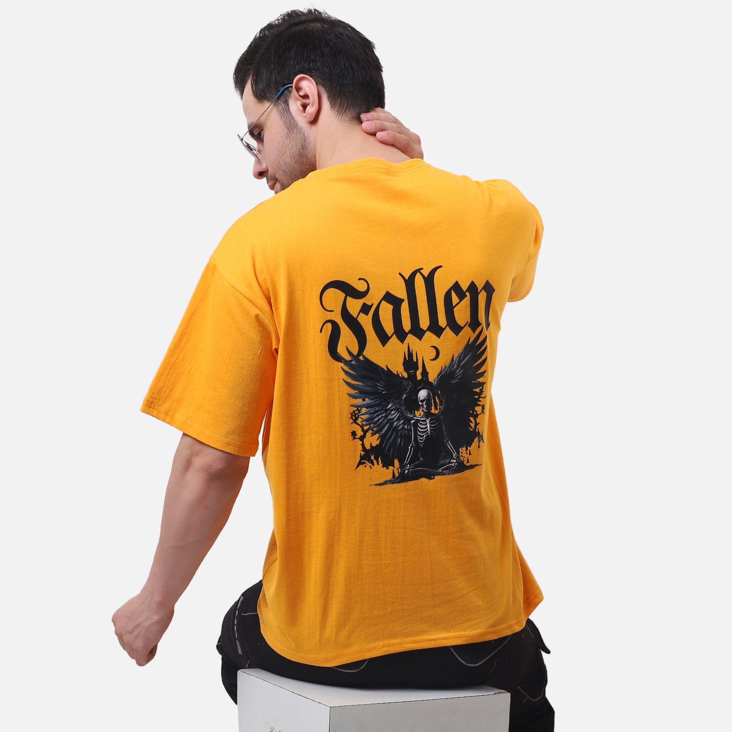 Fallen Angel Graphic T-Shirt – Gothic Skeleton Design on Bold Orange Tee for Men