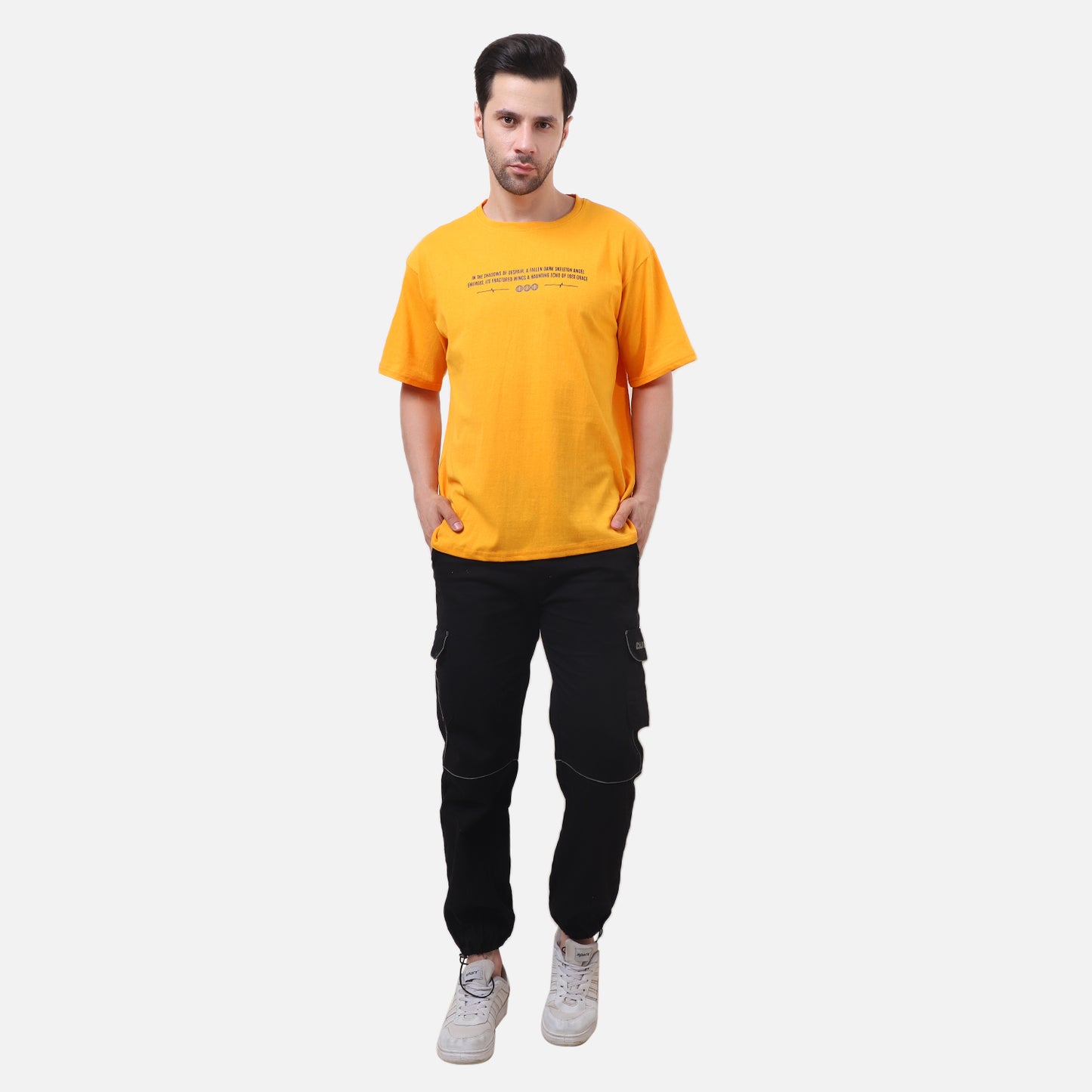 Fallen Angel Graphic T-Shirt – Gothic Skeleton Design on Bold Orange Tee for Men