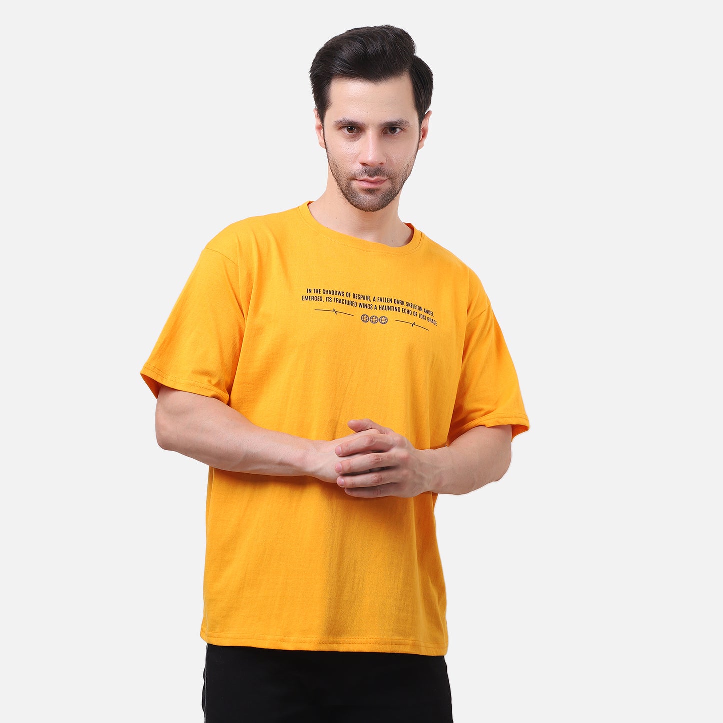 Fallen Angel Graphic T-Shirt – Gothic Skeleton Design on Bold Orange Tee for Men