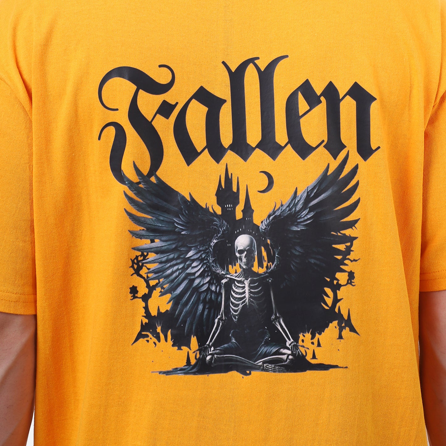 Fallen Angel Graphic T-Shirt – Gothic Skeleton Design on Bold Orange Tee for Men