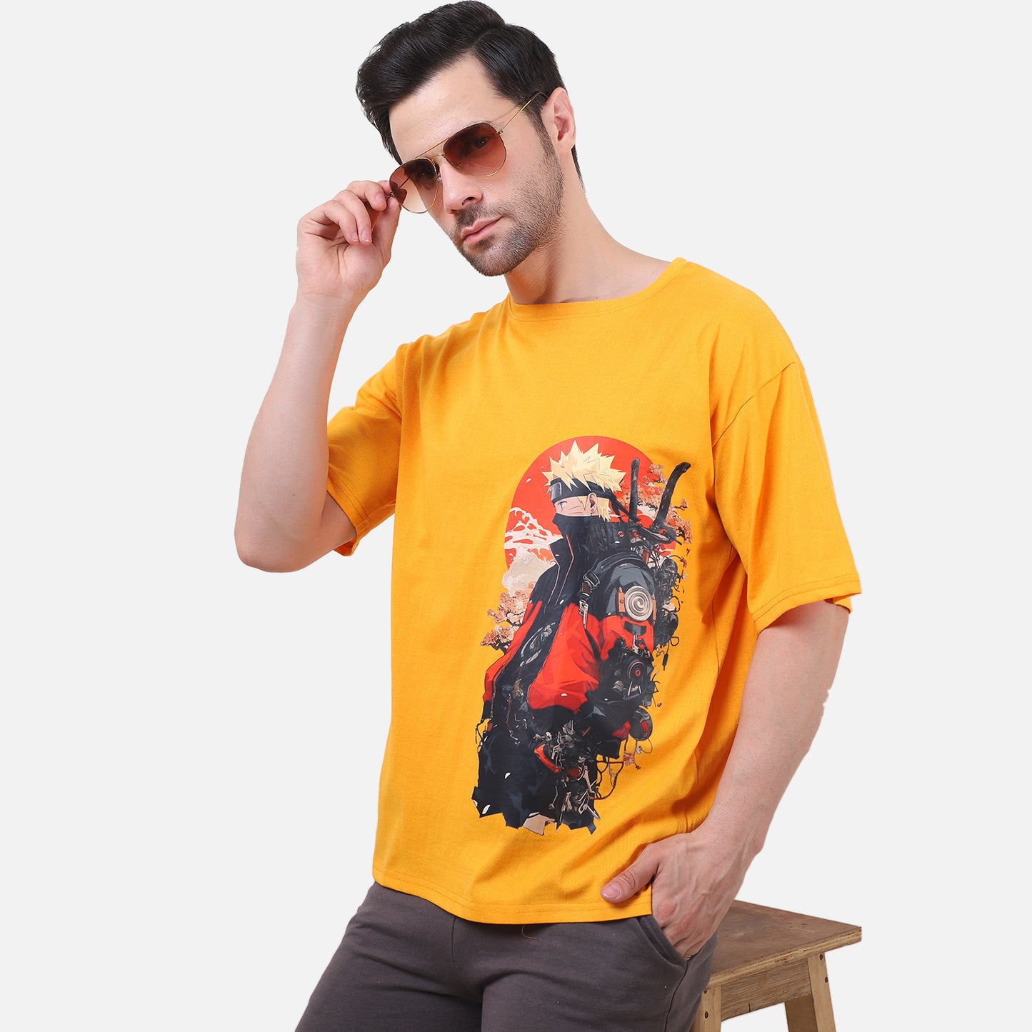 Naruto Oversized T-Shirt Yellow Anime Graphic Tee for Men