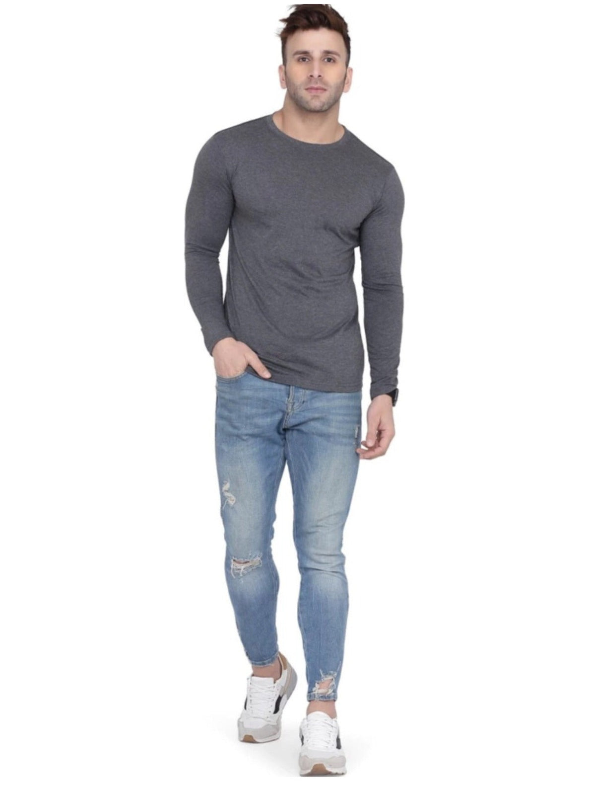 Men Crew Neck Cotton Blend Full Sleeves Regular Fit T-Shirt