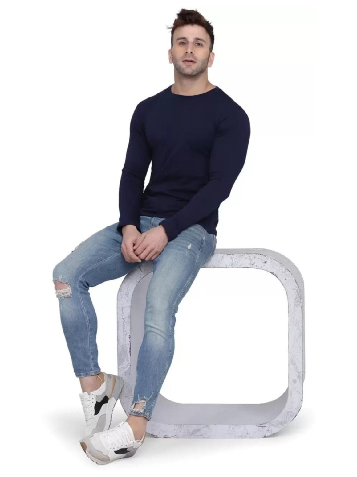 Men's Navy Blue Full Sleeves T-Shirt – Pure Cotton Casual Wear