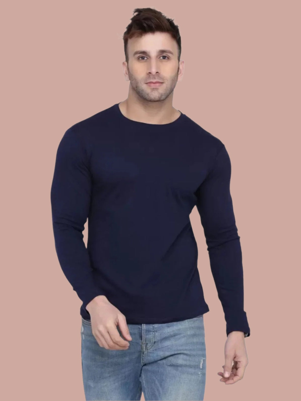 Men's Navy Blue Full Sleeves T-Shirt – Pure Cotton Casual Wear