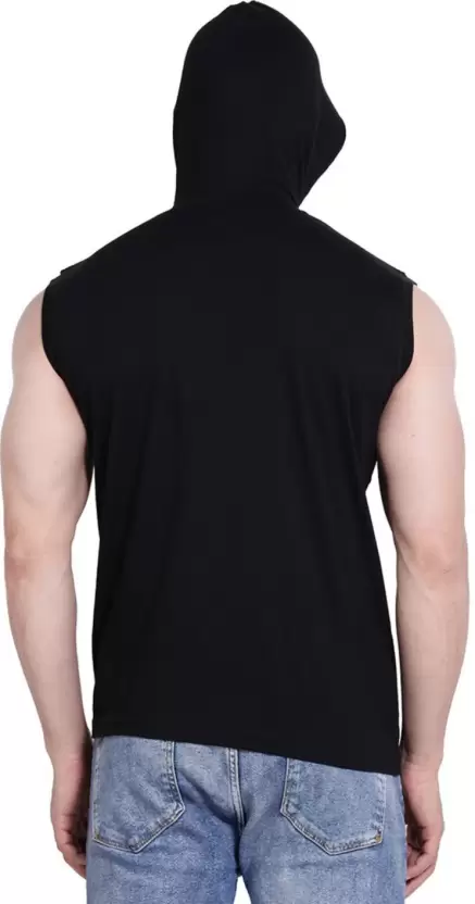 Men’s Black Printed Sleeveless Hoodie T-Shirt – Pure Cotton Sportswear