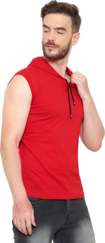 Men’s Red Sleeveless Hoodie T-Shirt – Pure Cotton Sportswear