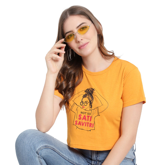 Women’s Printed Mustard Crop Top – Pure Cotton T-Shirt