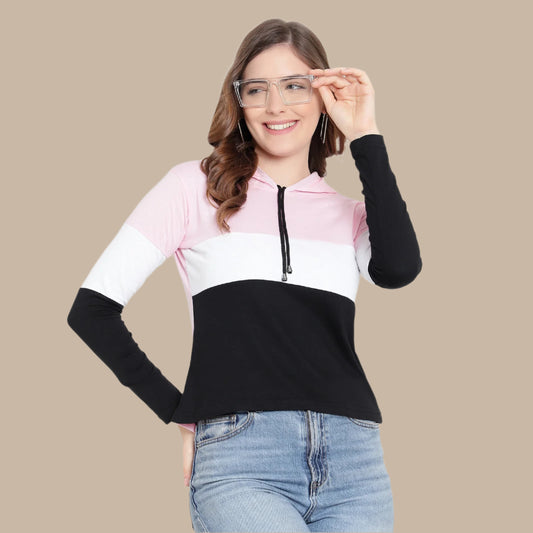 Women's Full-Sleeve Hoodie T-Shirt – Cotton Color Block Solid Tee