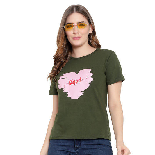 Women’s Olive Cotton Printed Half-Sleeve T-Shirt – Stylish & Comfortable