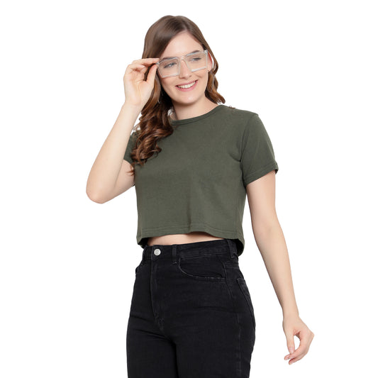 Women’s Olive Plain Crop Top – Pure Cotton T-Shirt