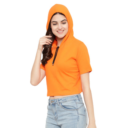 Women Half-Sleeve Crop Hoodie T-Shirt – Stylish & Comfortable Cotton Tee