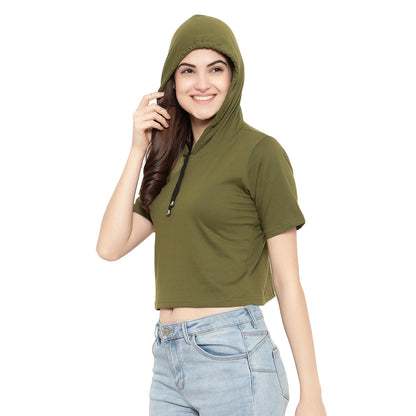Women Half-Sleeve Crop Hoodie T-Shirt – Stylish & Comfortable Cotton Tee