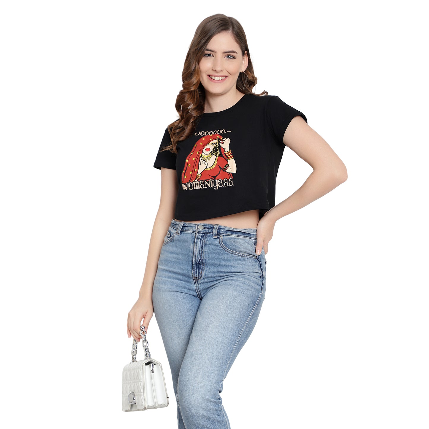 Women's Black Printed Crop Top – Half Sleeves Cotton T-Shirt