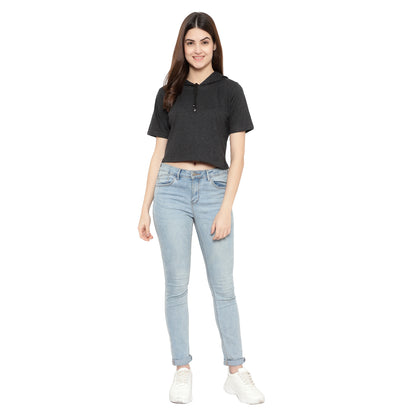 Women Half-Sleeve Crop Hoodie T-Shirt – Stylish & Comfortable Cotton Tee