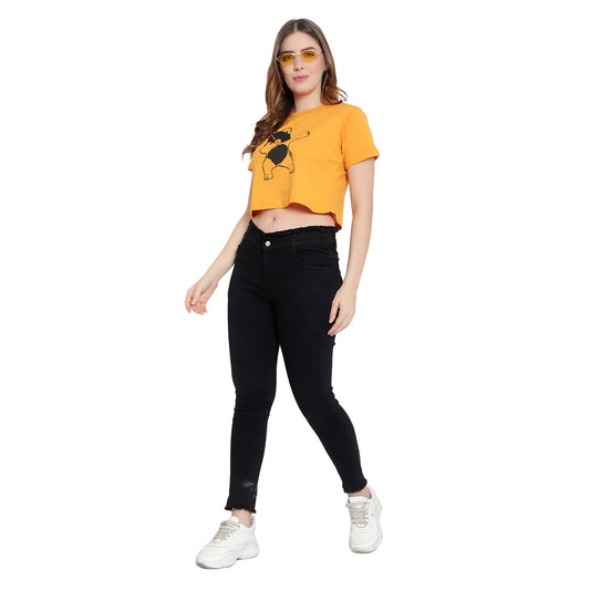 Women's Mustard Printed Crop Top | Trendy Cotton T-Shirt | Casual & Stylish Wear