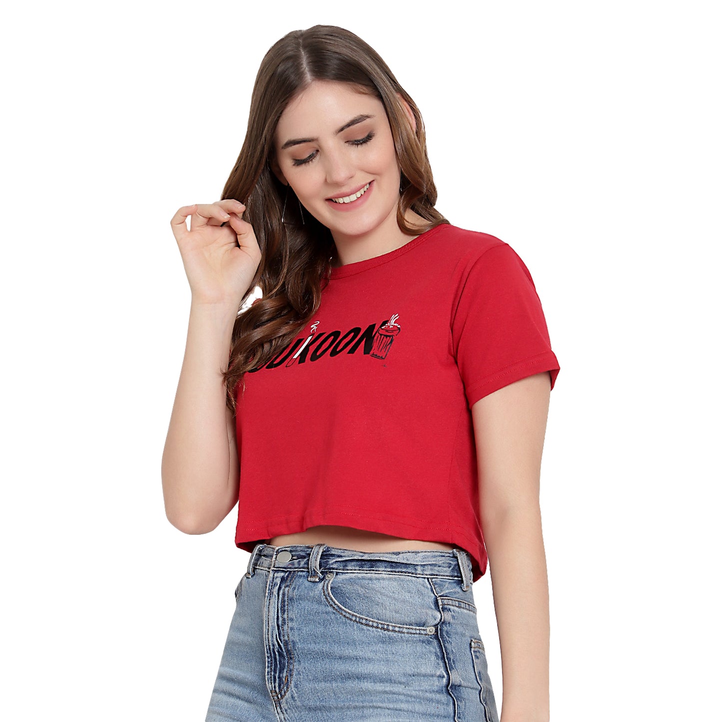 Women Red Printed Crop Top – Half Sleeves Cotton T-Shirt