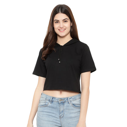 Women Half-Sleeve Crop Hoodie T-Shirt – Stylish & Comfortable Cotton Tee