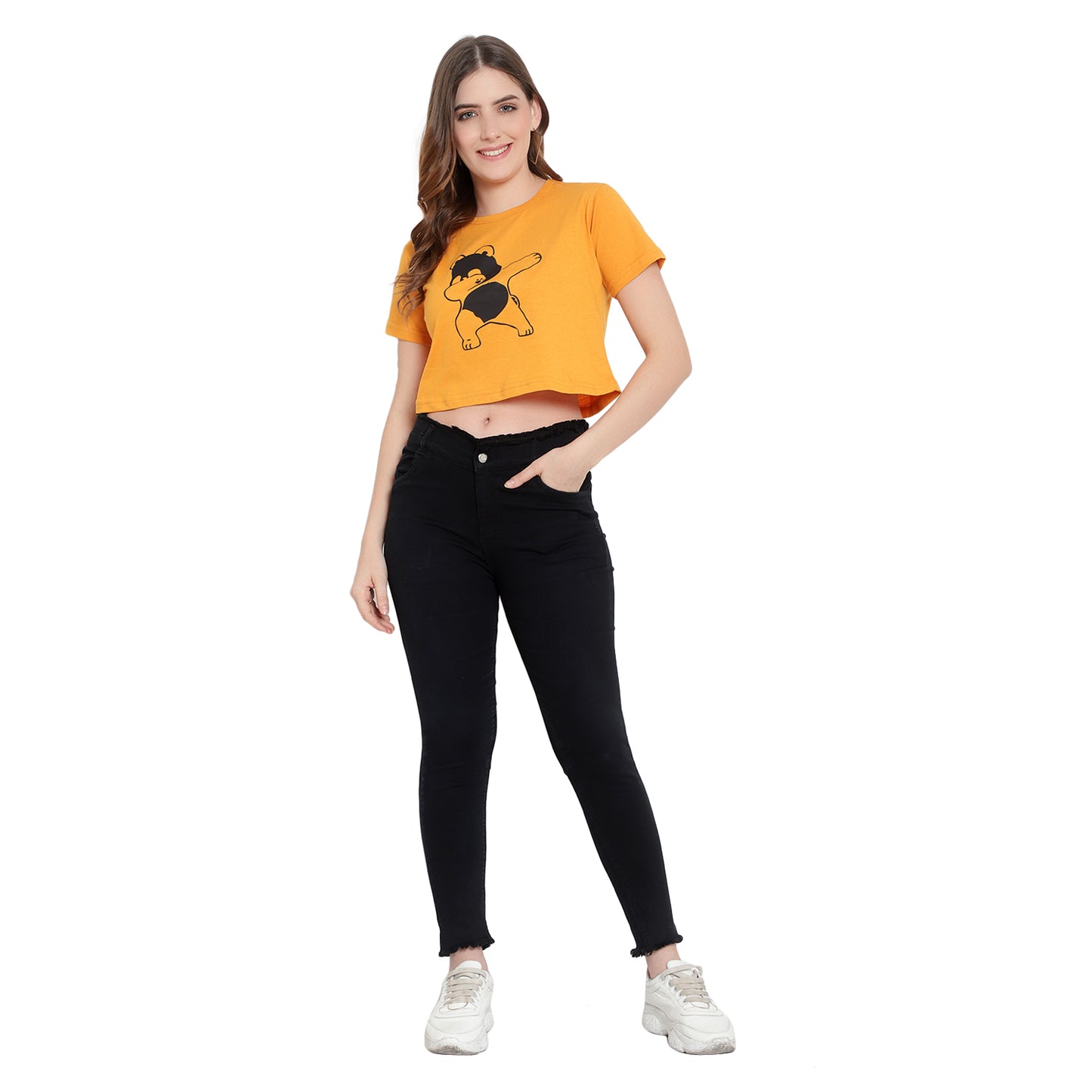 Women's Mustard Printed Crop Top | Trendy Cotton T-Shirt | Casual & Stylish Wear