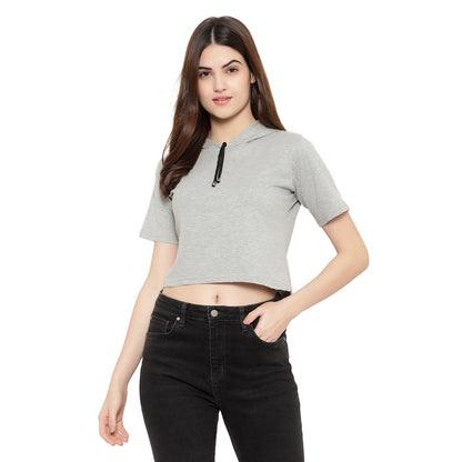 Women Half-Sleeve Crop Hoodie T-Shirt – Stylish & Comfortable Cotton Tee