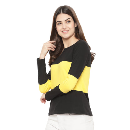 Women's Full-Sleeve Cotton Color Block T-Shirt – Trendy & Comfortable