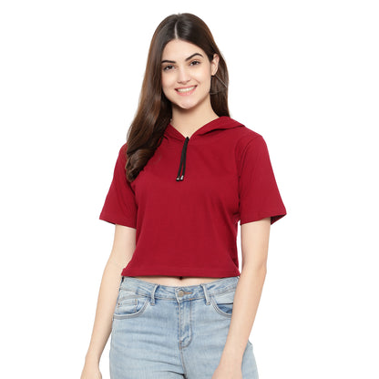 Women Half-Sleeve Crop Hoodie T-Shirt – Stylish & Comfortable Cotton Tee