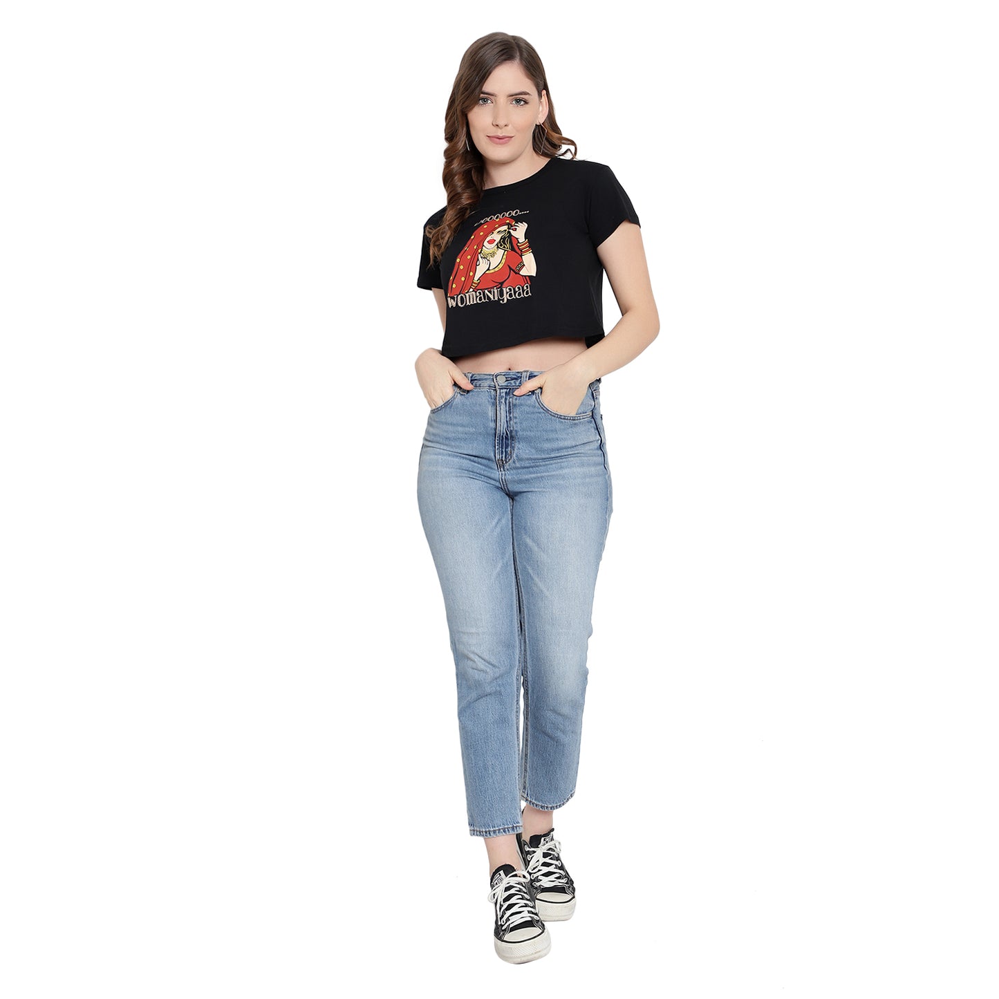 Women's Black Printed Crop Top – Half Sleeves Cotton T-Shirt