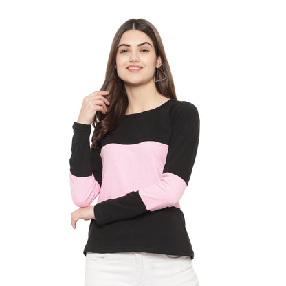 Women's Full-Sleeve Cotton Color Block T-Shirt – Trendy & Comfortable
